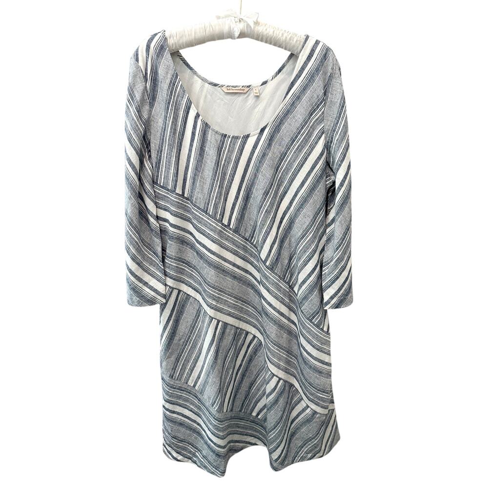 SOFT SURROUNDINGS | Linen Blend Striped Blue White Scoop Neck Dress | Large - Picture 2 of 8
